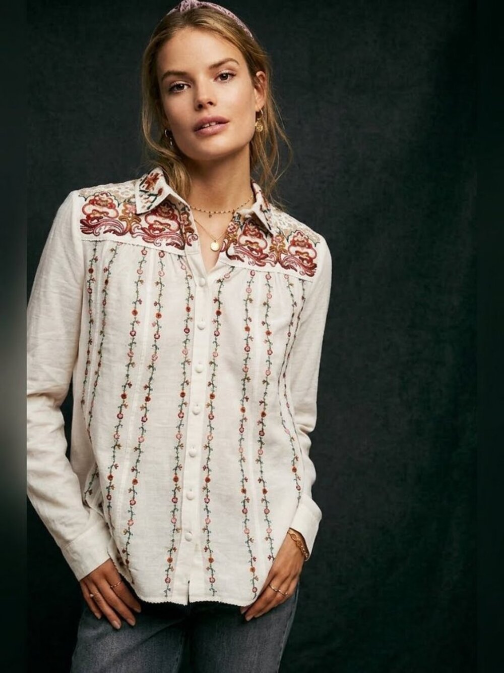 Petite Anthropologie Akemi + Kin Embroidered Floral Buillion Button Down